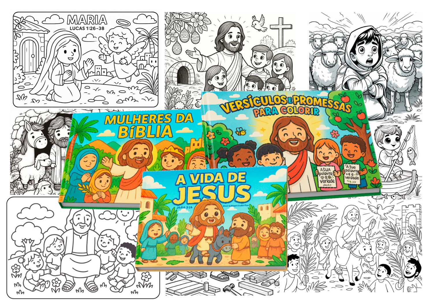 Colagem de ilustrações e livros bíblicos